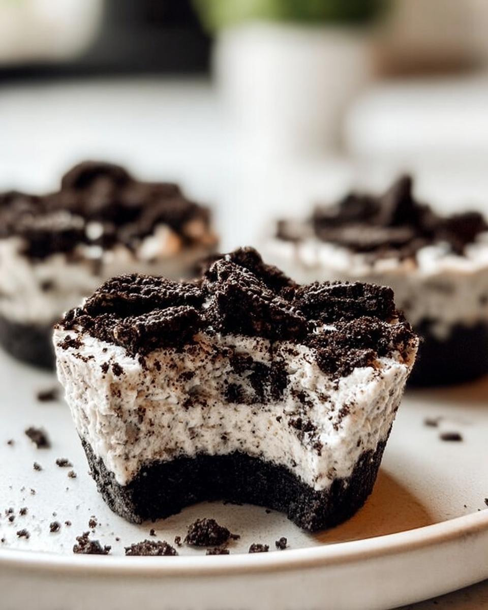A close-up of a Healthy No-Bake Oreo Cheesecake Bite with a bite taken out, showing the creamy filling and Oreo crust.