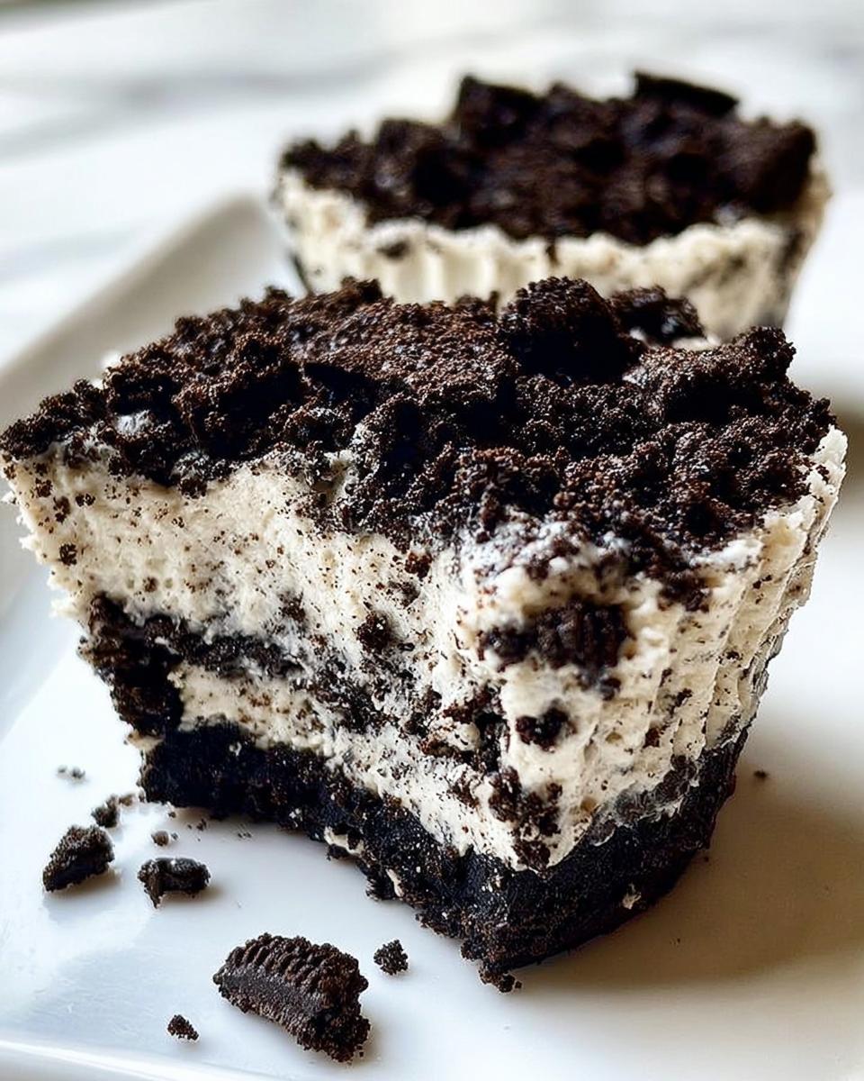 Close-up of a Healthy No-Bake Oreo Cheesecake Bite with a bite taken out, showing layers of cream cheese filling and Oreo crust.