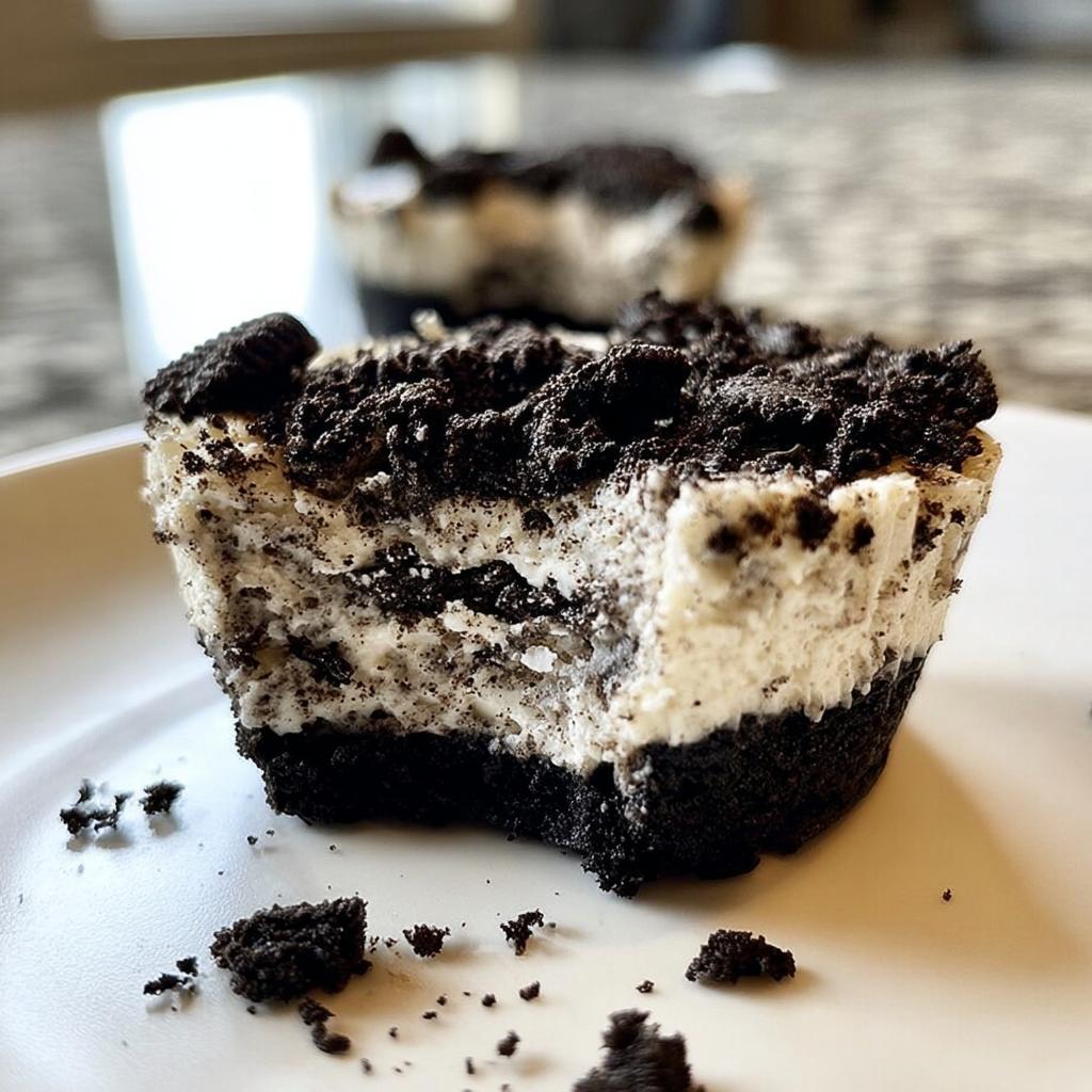 A close-up of a Healthy No-Bake Oreo Cheesecake Bite with a bite taken out, showing layers of cream and crushed Oreos.