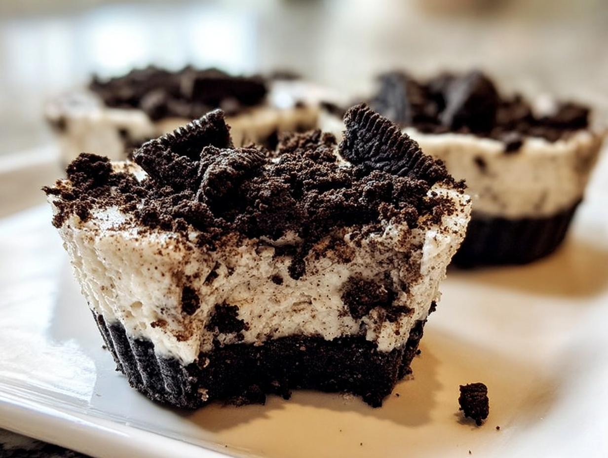 A close-up of a Healthy No-Bake Oreo Cheesecake Bite, showing the creamy filling and crushed Oreo topping.