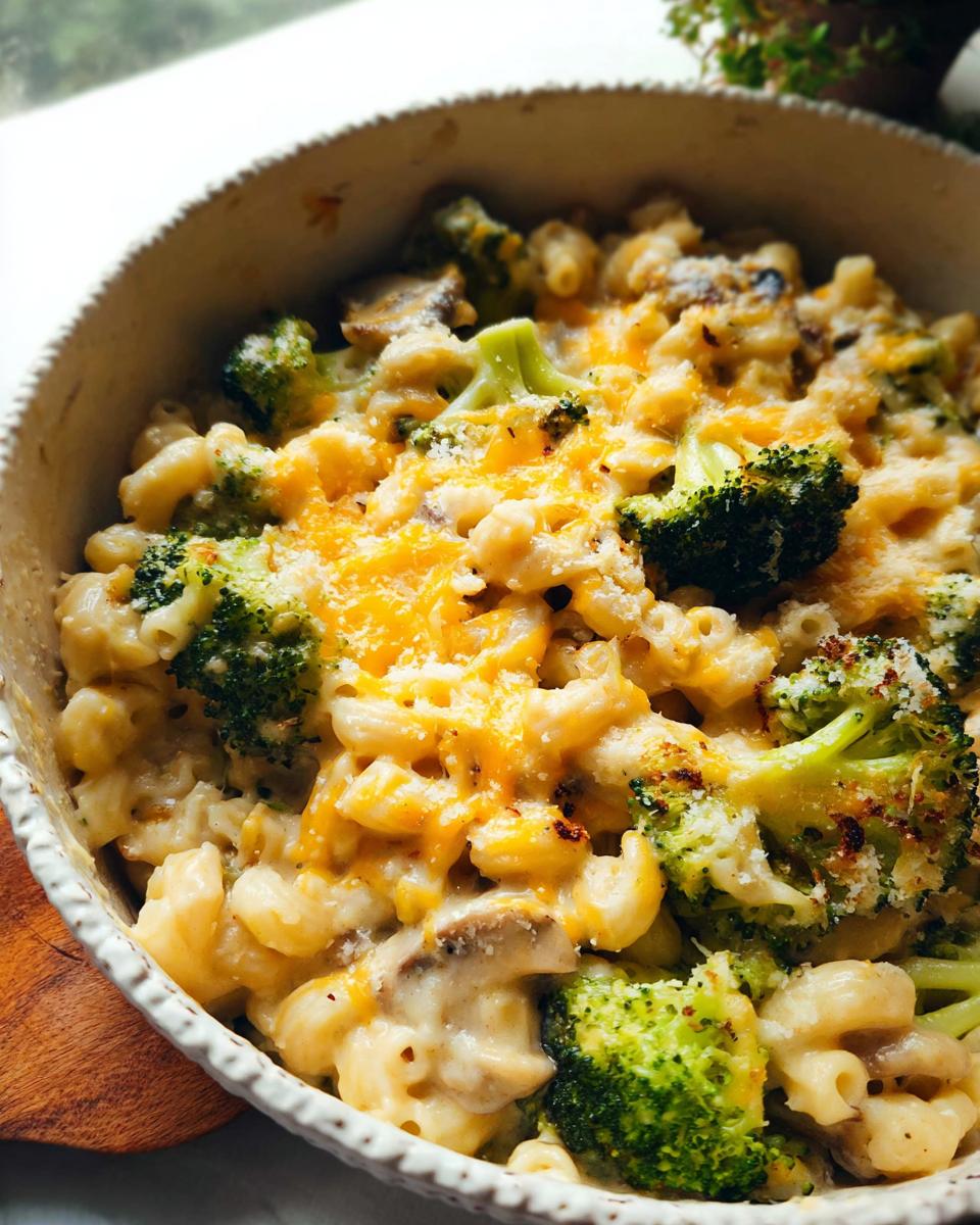 Close-up of a bowl of Healthy One Pot Broccoli Mac & Cheese, showing pasta, broccoli florets, and melted cheese.