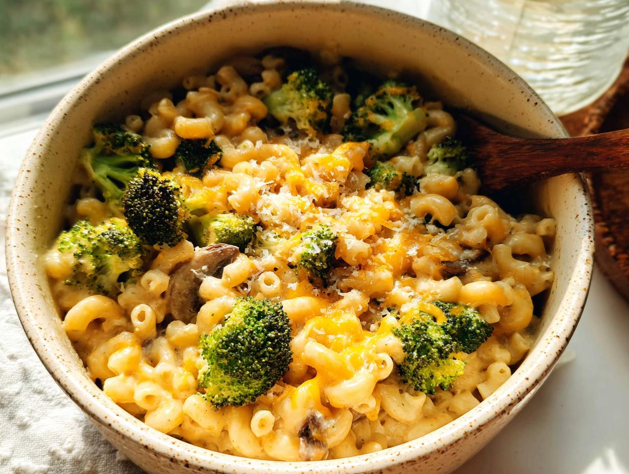 A close-up of a bowl filled with Healthy One Pot Broccoli Mac & Cheese, featuring elbow macaroni, broccoli florets, and melted cheese.