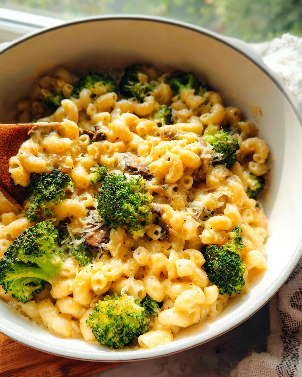 A close-up view of Healthy One Pot Broccoli Mac & Cheese in a white pot, with florets of broccoli and pasta coated in creamy cheese sauce.