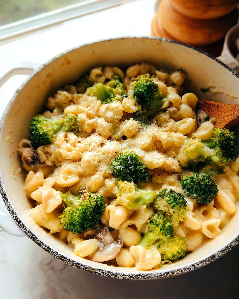 Close-up of Healthy One Pot Broccoli Mac & Cheese in a pot, with pasta, broccoli florets, and mushrooms.