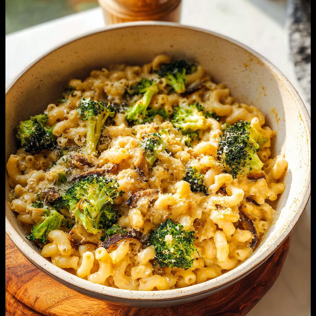 A bowl of Healthy One Pot Broccoli Mac & Cheese, featuring elbow macaroni, broccoli florets, and a creamy cheese sauce.