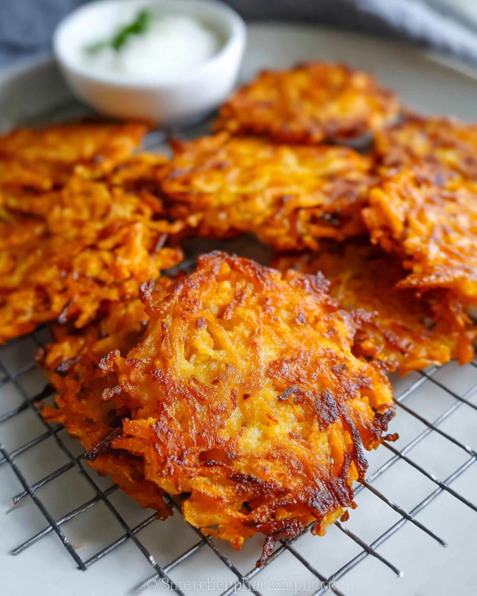 Crispy golden healthy sweet potato hash browns piled on a cooling rack with a small dish of dip in the background.