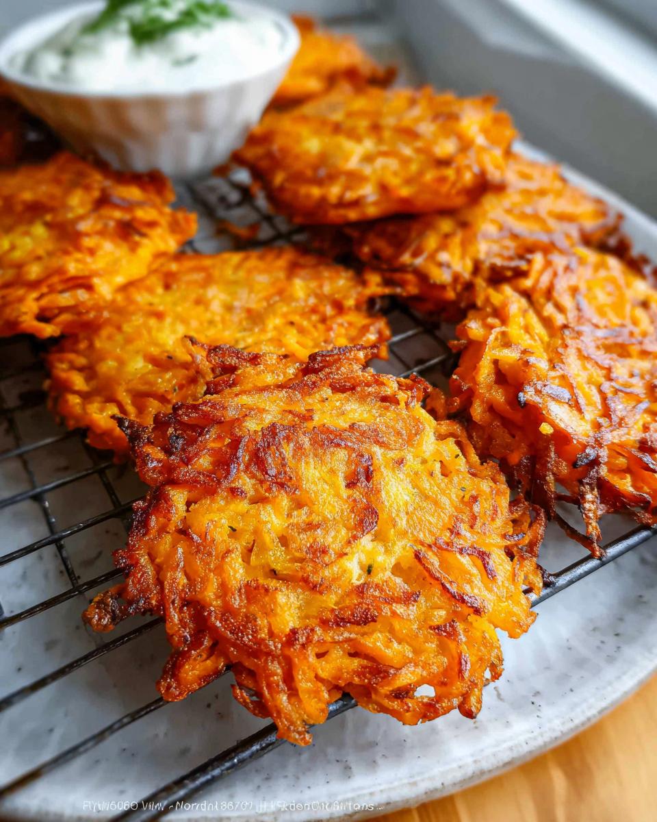 Golden brown, crispy Healthy Sweet Potato Hash Browns arranged on a cooling rack, with a bowl of dip in the background.