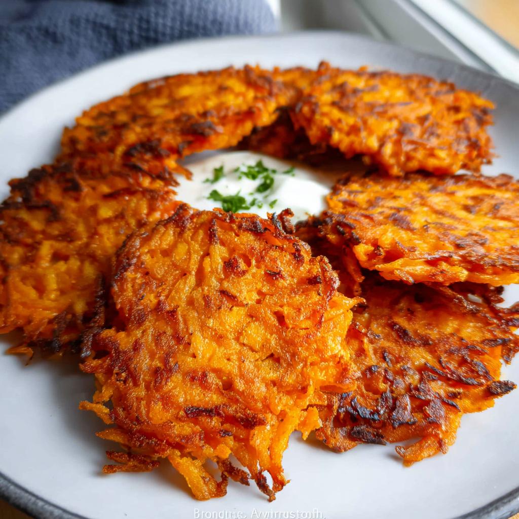 A close-up of golden-brown, crispy Healthy Sweet Potato Hash Browns served with a dollop of sour cream and parsley.