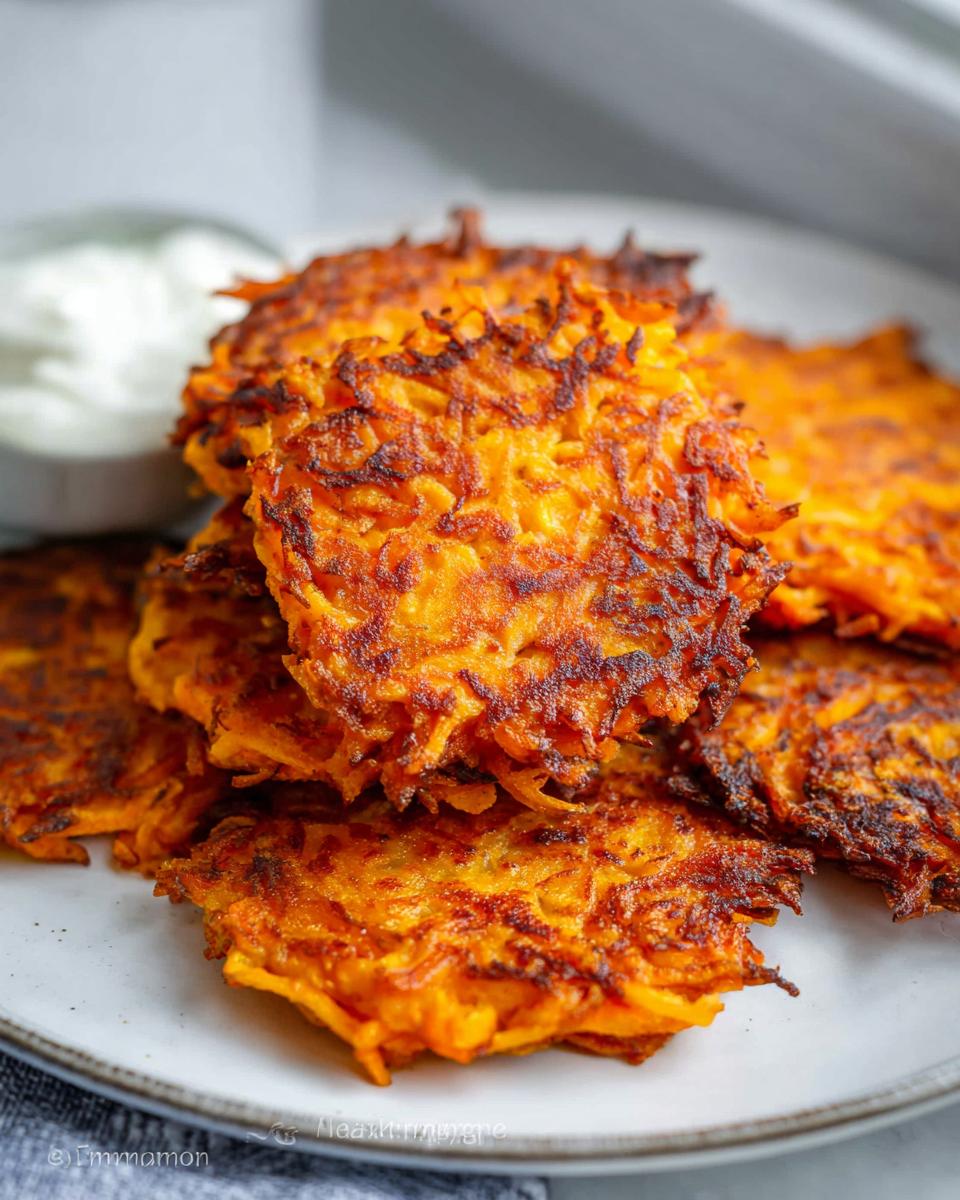 A stack of golden-brown, crispy Healthy Sweet Potato Hash Browns served on a white plate with a side of white dip.