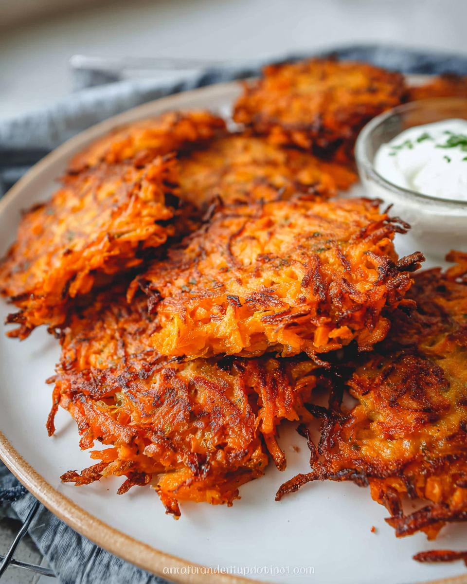A stack of crispy, golden-brown Healthy Sweet Potato Hash Browns on a white plate with a side of dipping sauce.