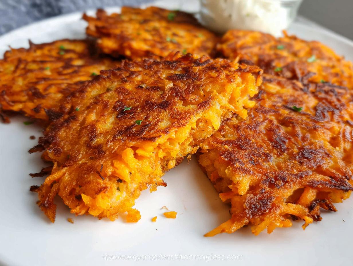 Close-up of golden-brown Healthy Sweet Potato Hash Browns on a white plate, with a small bowl of dip in the background.