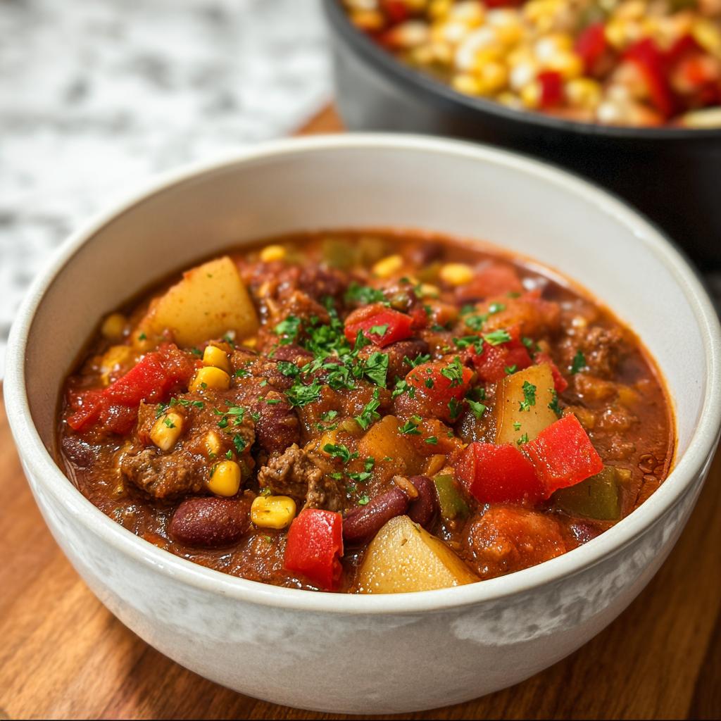 A close-up of a bowl of hearty Cowboy Soup, featuring ground beef, potatoes, kidney beans, corn, and diced tomatoes, garnished with parsley.