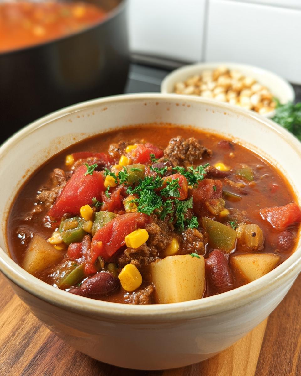 A close-up of a bowl of hearty Cowboy Soup, filled with ground beef, beans, corn, tomatoes, potatoes, and green peppers, garnished with parsley.