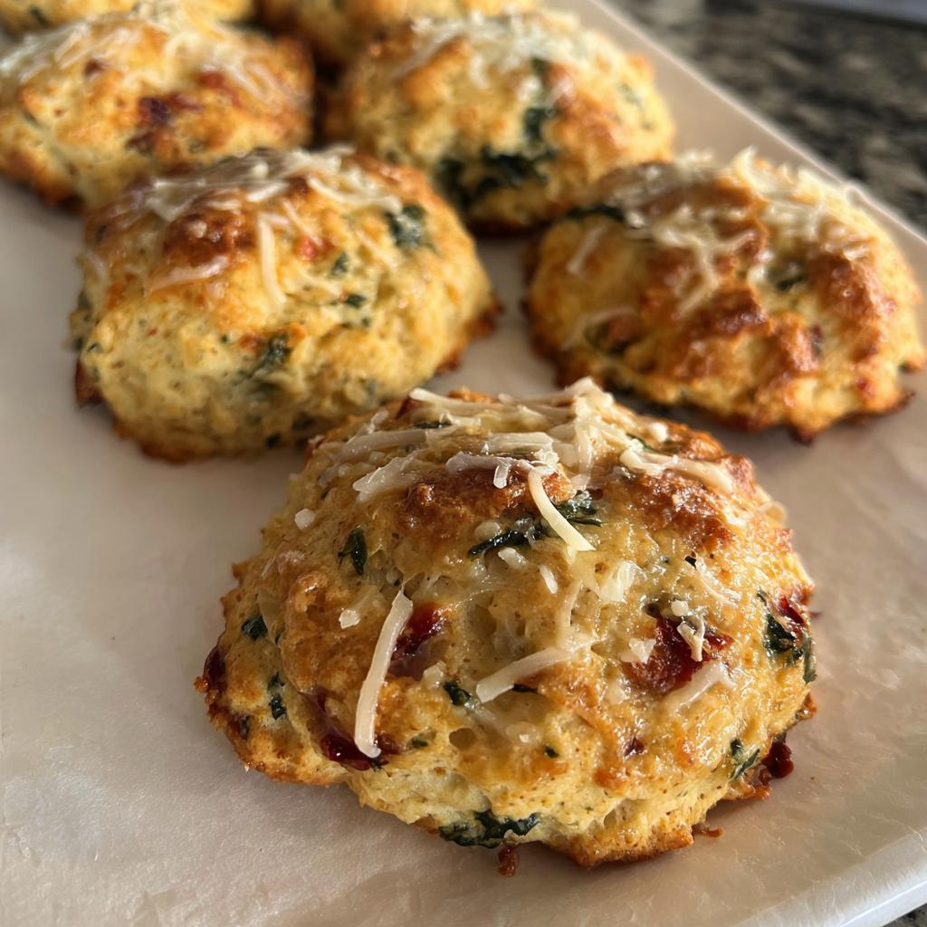 A close-up of golden-brown High Protein Breakfast Biscuits topped with shredded cheese and visible herbs.