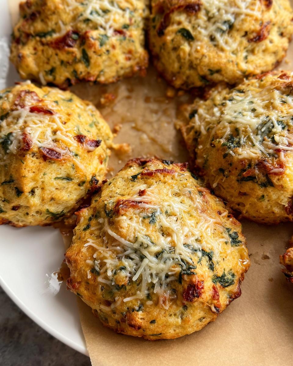 Close-up of golden-brown High Protein Breakfast Biscuits topped with melted cheese and herbs.