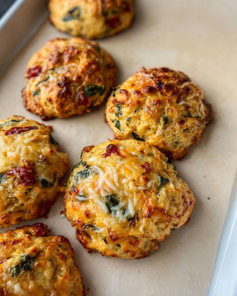 Close-up of golden brown High Protein Breakfast Biscuits topped with melted cheese and visible spinach and sun-dried tomatoes.