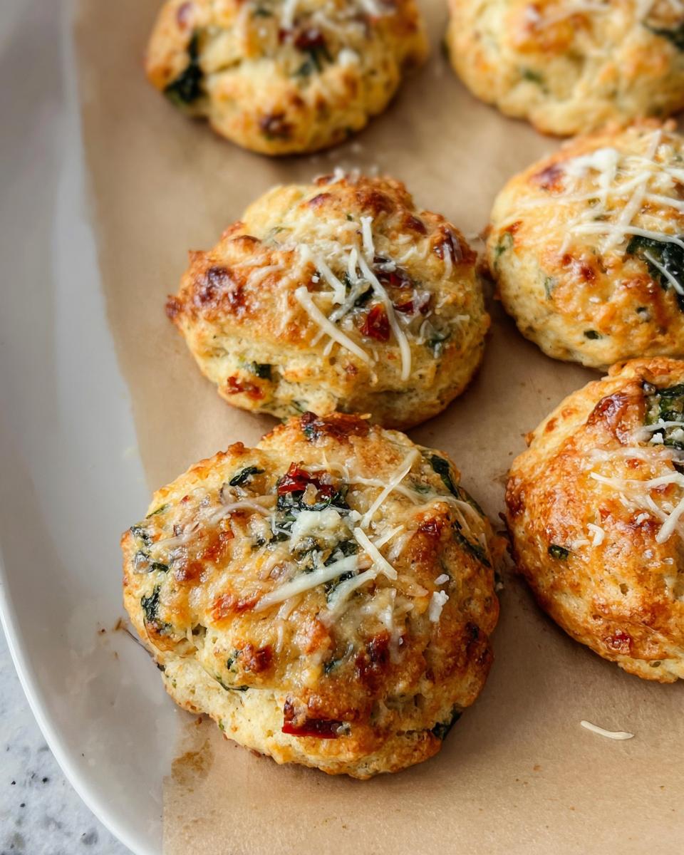 Close-up of golden brown High Protein Breakfast Biscuits topped with melted cheese and visible herbs.