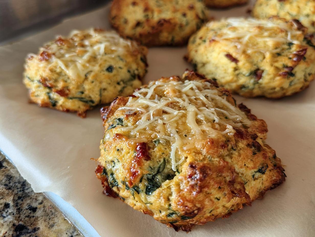 Close-up of golden brown High Protein Breakfast Biscuits topped with melted cheese and visible herbs.