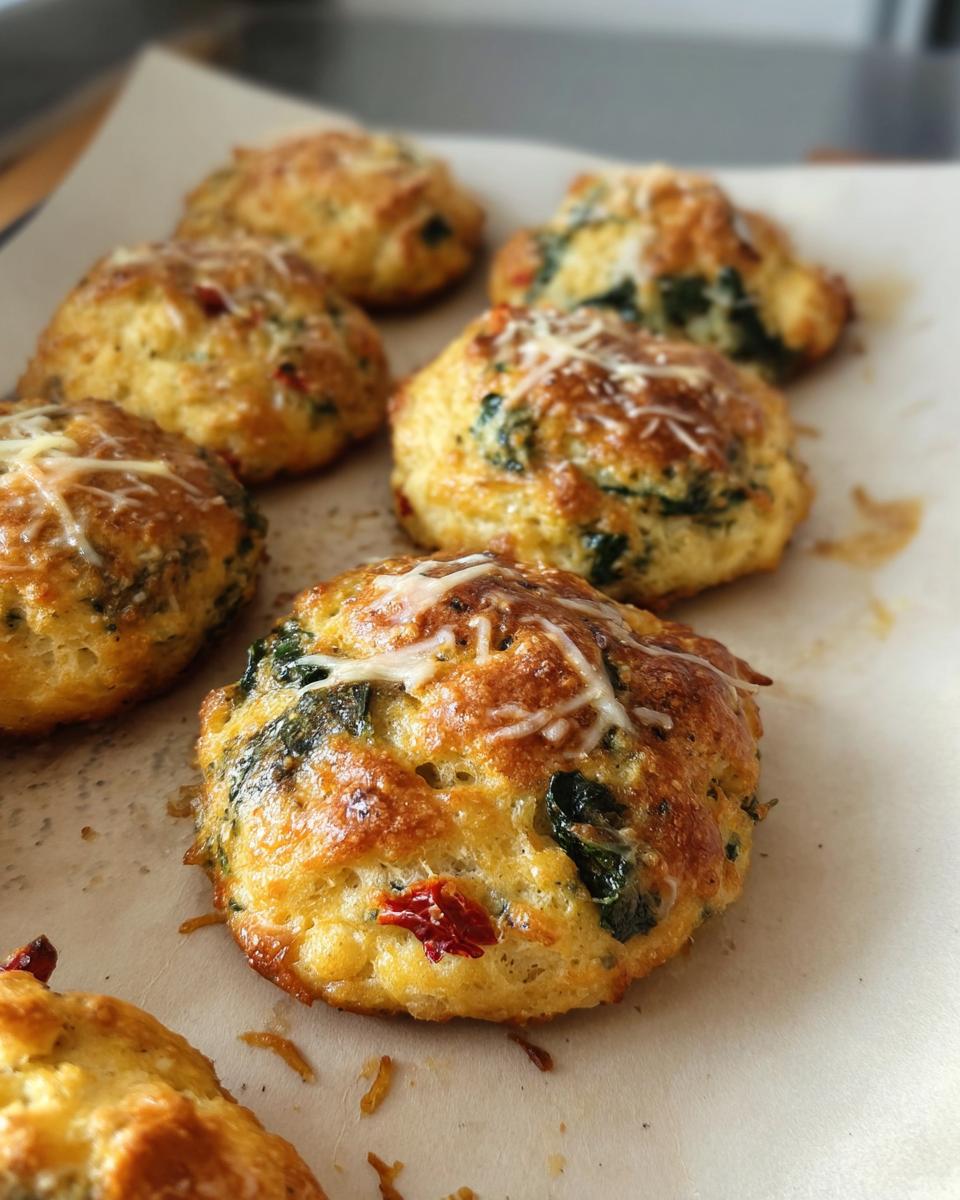Close-up of golden-brown High Protein Breakfast Biscuits studded with spinach and sun-dried tomatoes, topped with melted cheese.