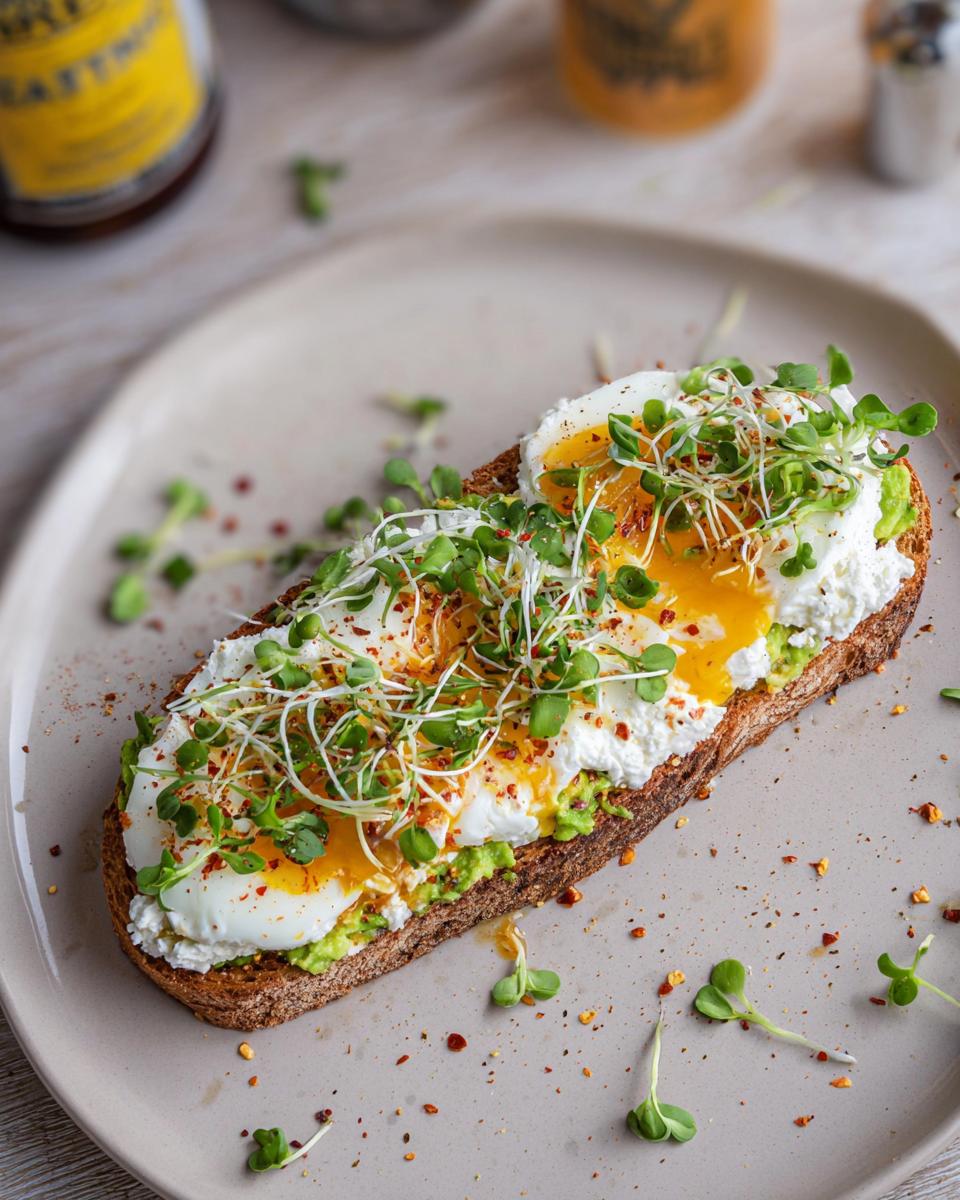 A slice of toast topped with mashed avocado, cottage cheese, poached eggs, and microgreens, representing a high-protein breakfast.
