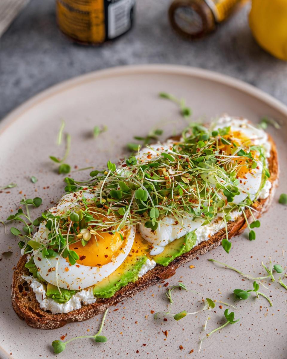 A slice of toast topped with cottage cheese, avocado, poached eggs, and sprouts, a perfect High-Protein Breakfast.