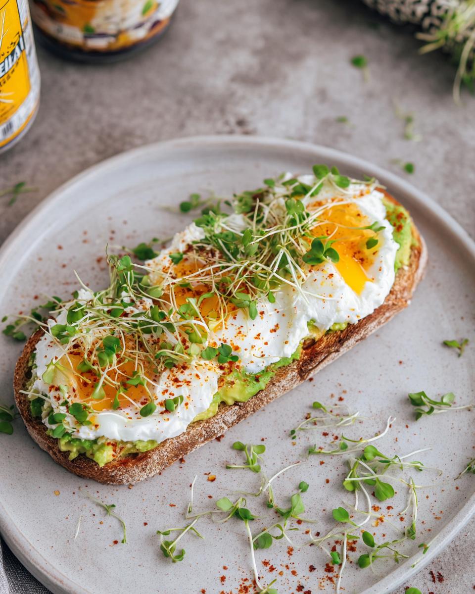 A slice of toast topped with mashed avocado, cottage cheese, poached eggs, and microgreens, a perfect High-Protein Breakfast.