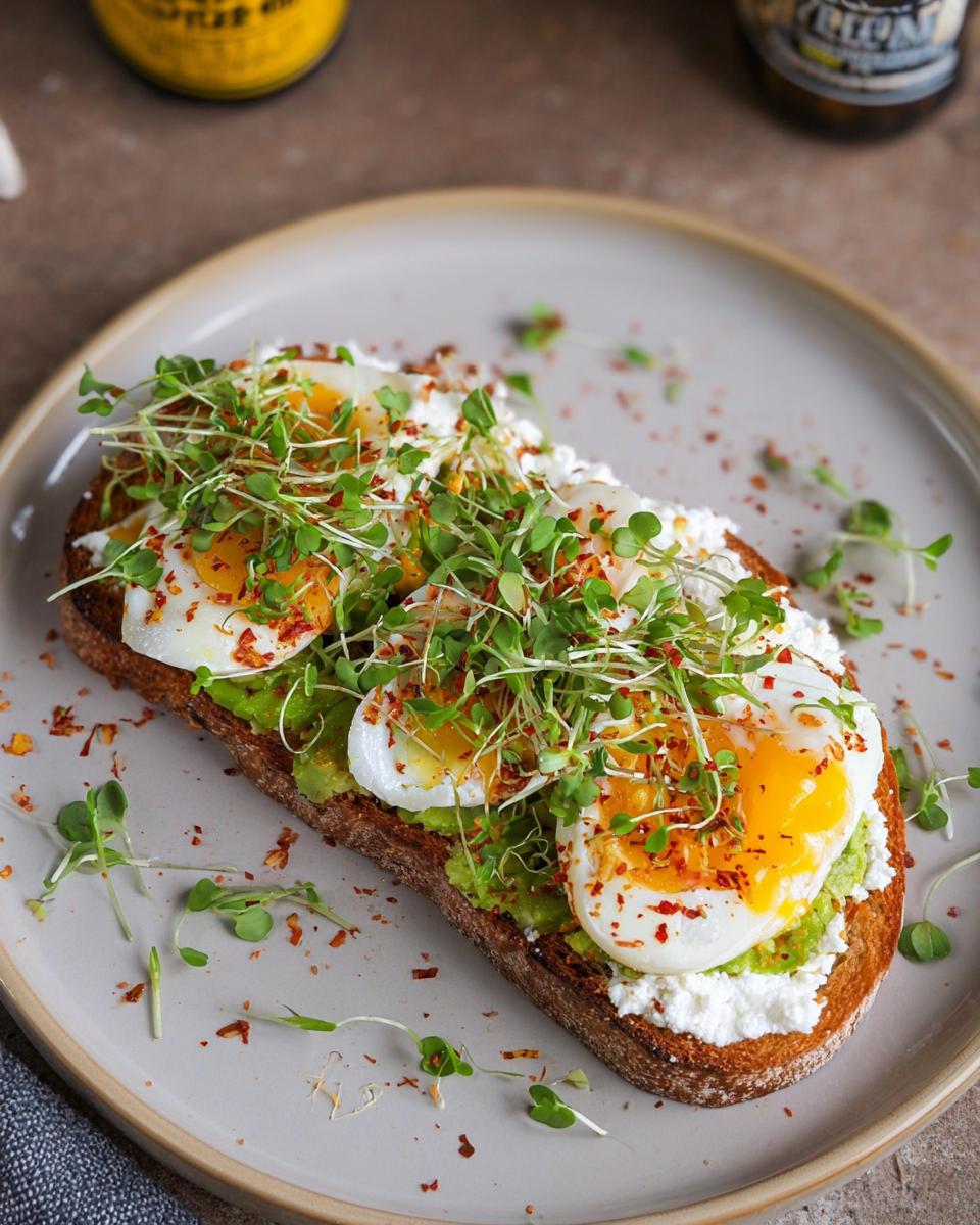 A slice of toast topped with mashed avocado, cottage cheese, poached eggs, and microgreens, part of a high-protein breakfast.