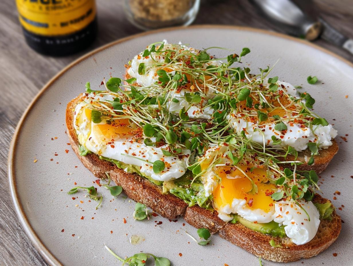 Two slices of toast topped with mashed avocado, poached eggs, sprouts, and chili flakes, a perfect high-protein breakfast.