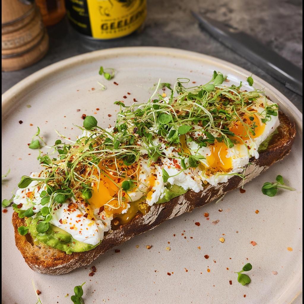 A delicious High-Protein Breakfast Wrap topped with mashed avocado, cottage cheese, poached eggs, and microgreens.