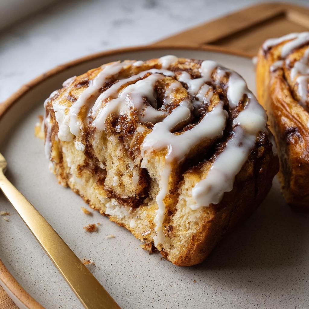 A close-up of a slice of High-Protein Cinnamon Roll Bread, drizzled with white icing.