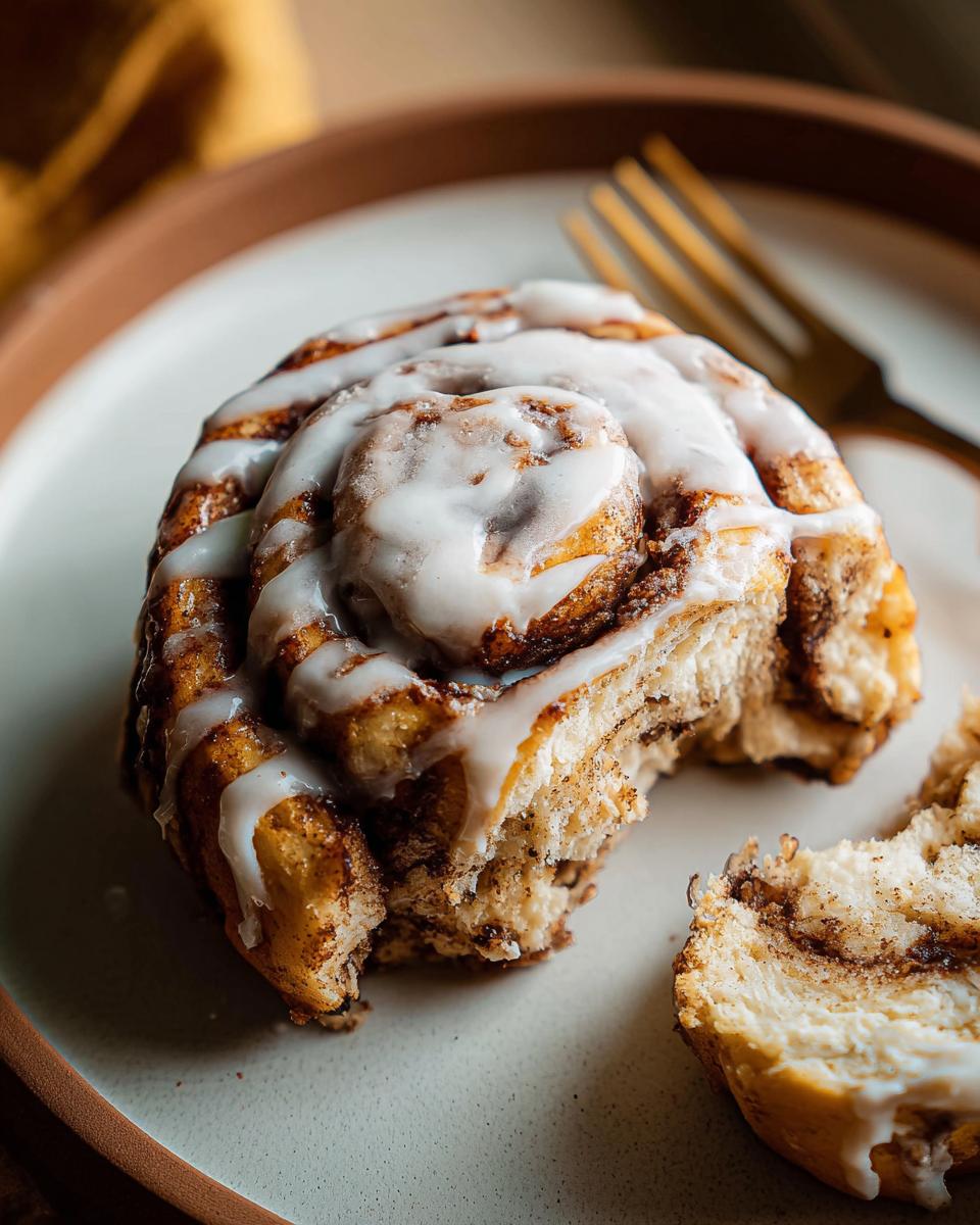 A close-up of a high-protein cinnamon roll bread, drizzled with icing, with a bite taken out.