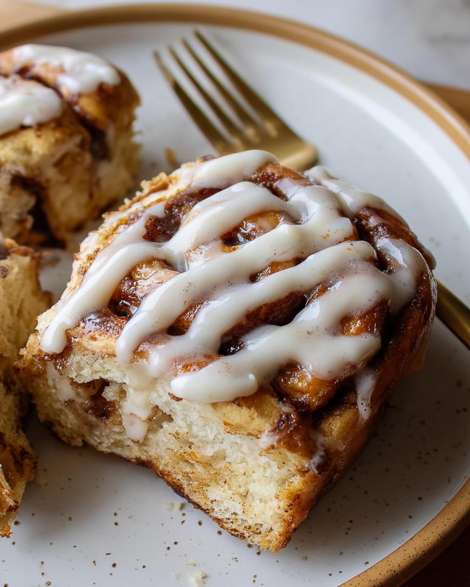 A close-up of a slice of high-protein cinnamon roll bread, drizzled with white icing and a fork on the side.