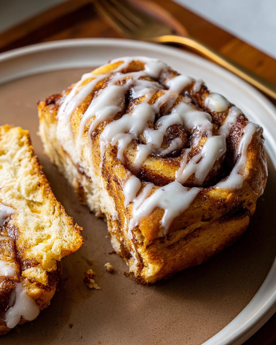 A close-up of a high-protein cinnamon roll bread slice, drizzled with white icing and swirled with cinnamon.