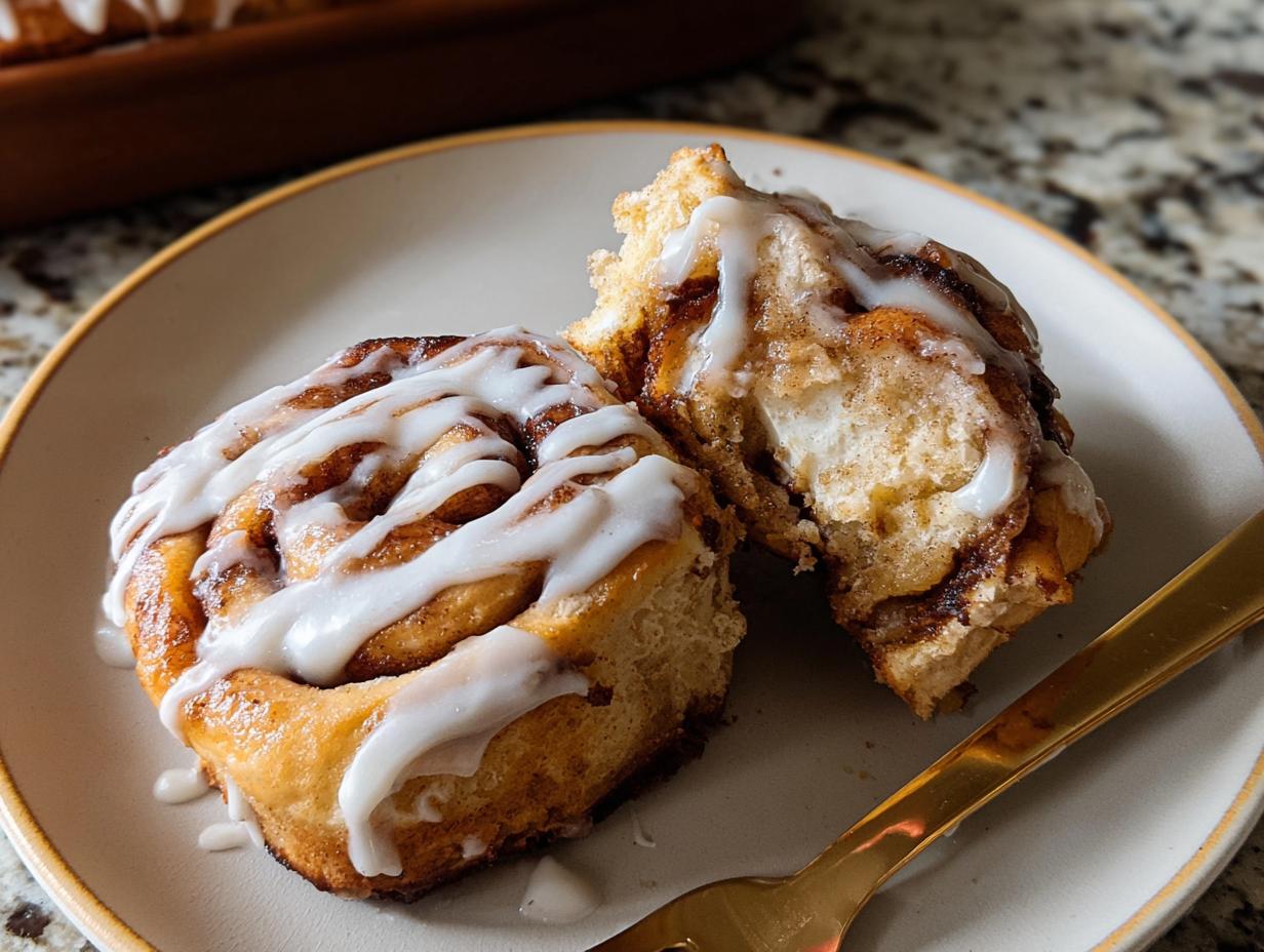 Close-up of a high-protein cinnamon roll bread, drizzled with white icing, with one piece broken open.