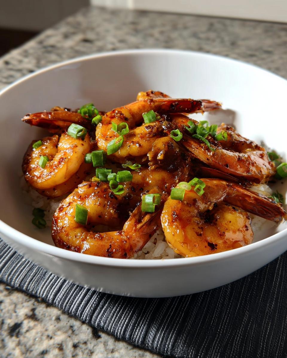 A bowl of fluffy white rice topped with glistening High-Protein Honey Garlic Shrimp and chopped green onions.