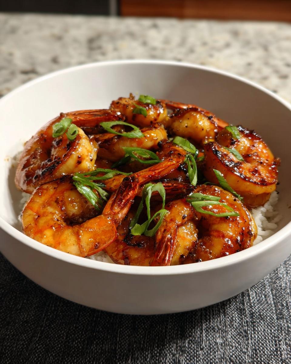 A bowl of fluffy white rice topped with glistening High-Protein Honey Garlic Shrimp and chopped green onions.