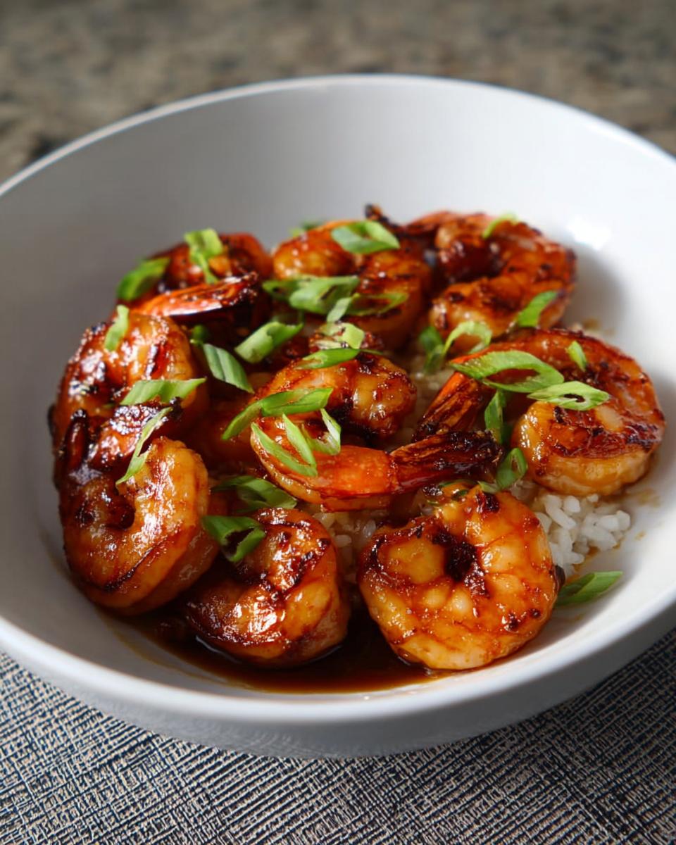 A bowl of fluffy white rice topped with glossy, glazed High-Protein Honey Garlic Shrimp and garnished with chopped green onions.