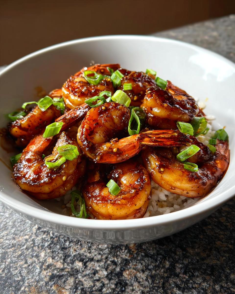 A bowl filled with white rice topped with glistening High-Protein Honey Garlic Shrimp and chopped green onions.