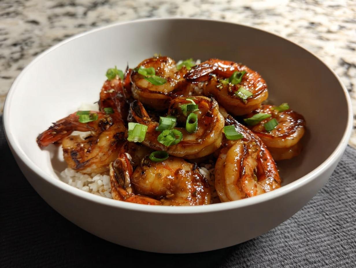 A bowl of fluffy white rice topped with glistening High-Protein Honey Garlic Shrimp and chopped green onions.
