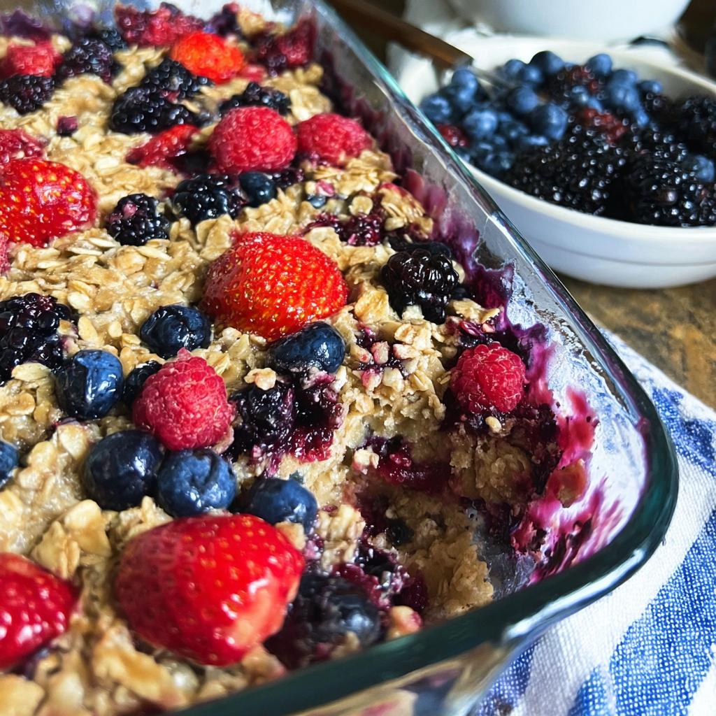 A close-up of a High Protein Triple Berry Bake in a glass dish, topped with fresh strawberries, blueberries, raspberries, and blackberries.