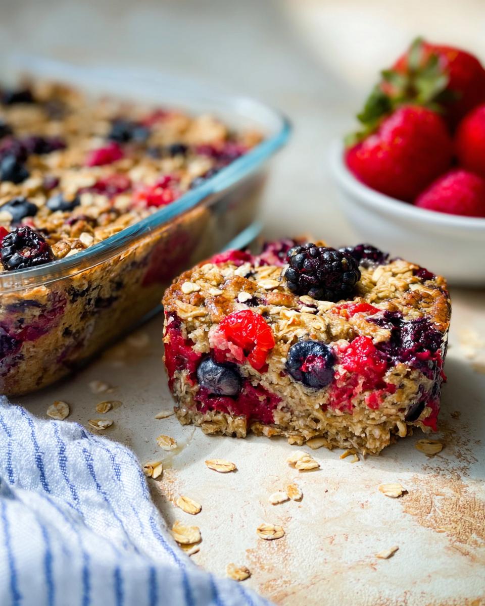 A close-up of a slice of High Protein Triple Berry Bake, showcasing oats, blueberries, raspberries, and blackberries.