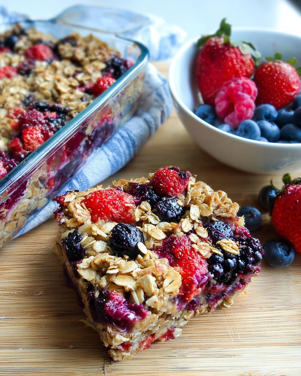 A slice of High Protein Triple Berry Bake with fresh berries and oats on top, served on a wooden board.