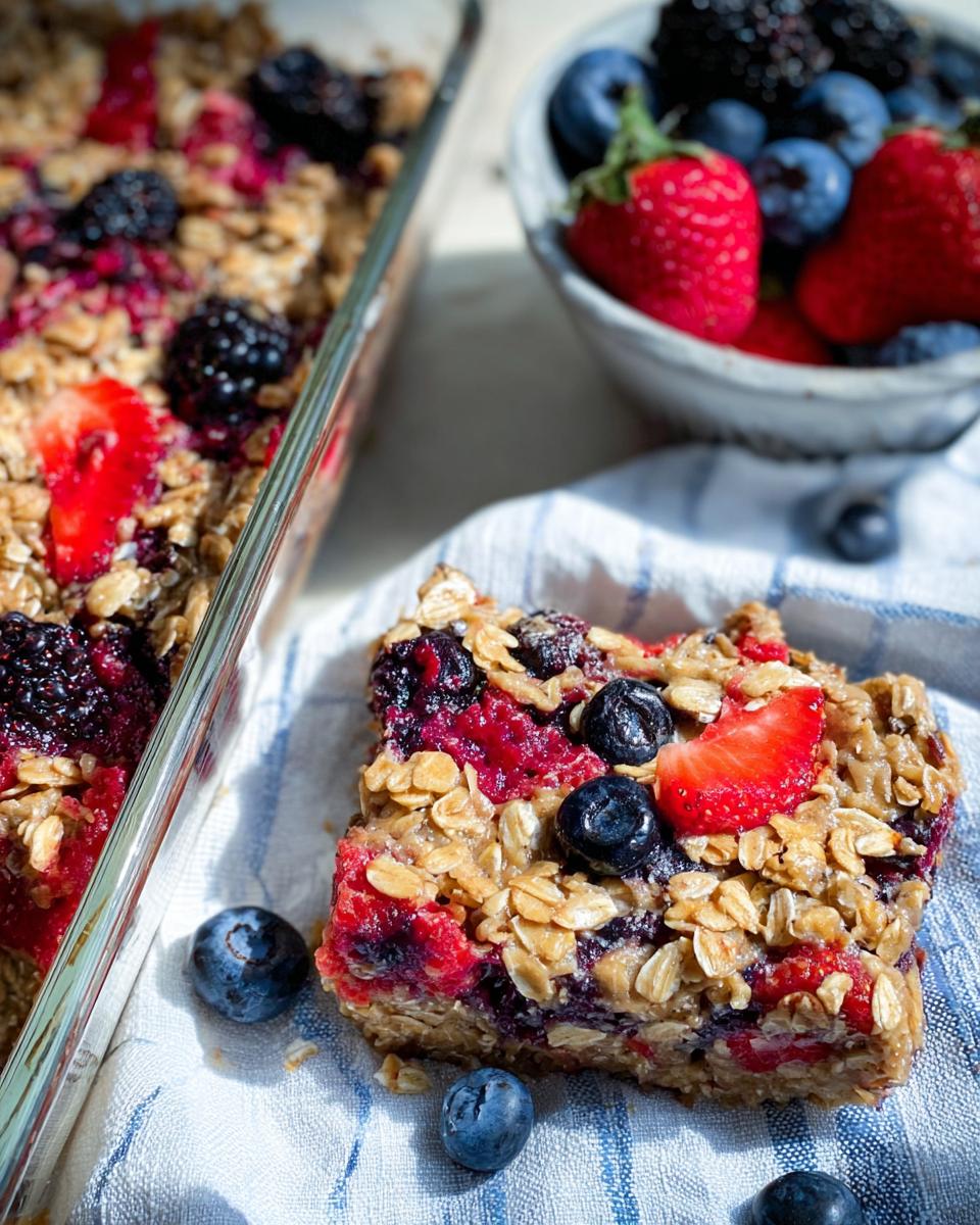 A slice of High Protein Triple Berry Bake on a striped cloth, topped with fresh berries and oats.