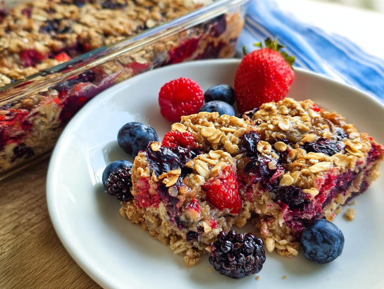 Two slices of High Protein Triple Berry Bake on a white plate, garnished with fresh berries.