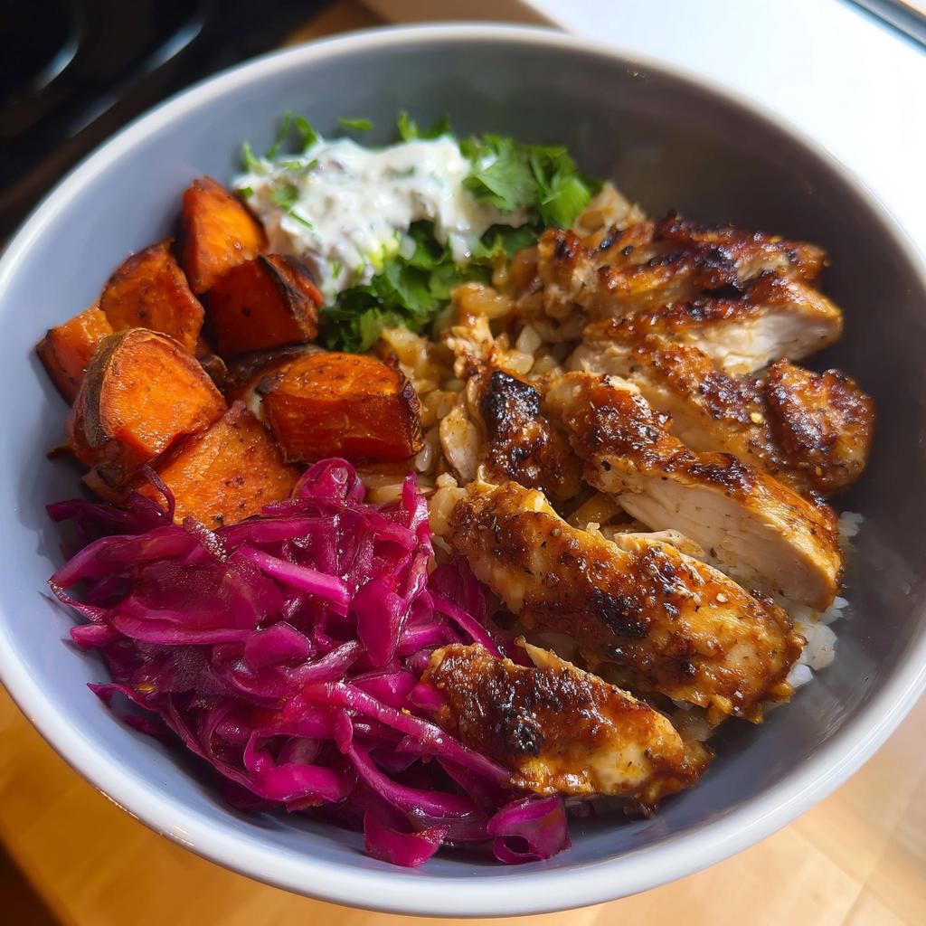 A vibrant Hot Honey Chicken Bowl featuring sliced grilled chicken, roasted sweet potatoes, red cabbage slaw, and rice.
