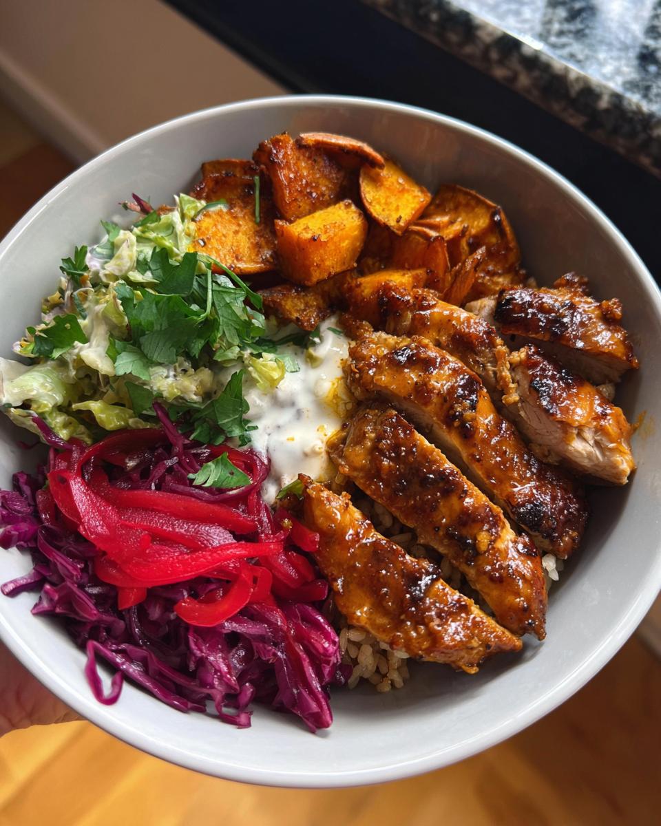 A delicious Hot Honey Chicken Bowl featuring sliced chicken, roasted sweet potatoes, red cabbage slaw, and a creamy sauce.
