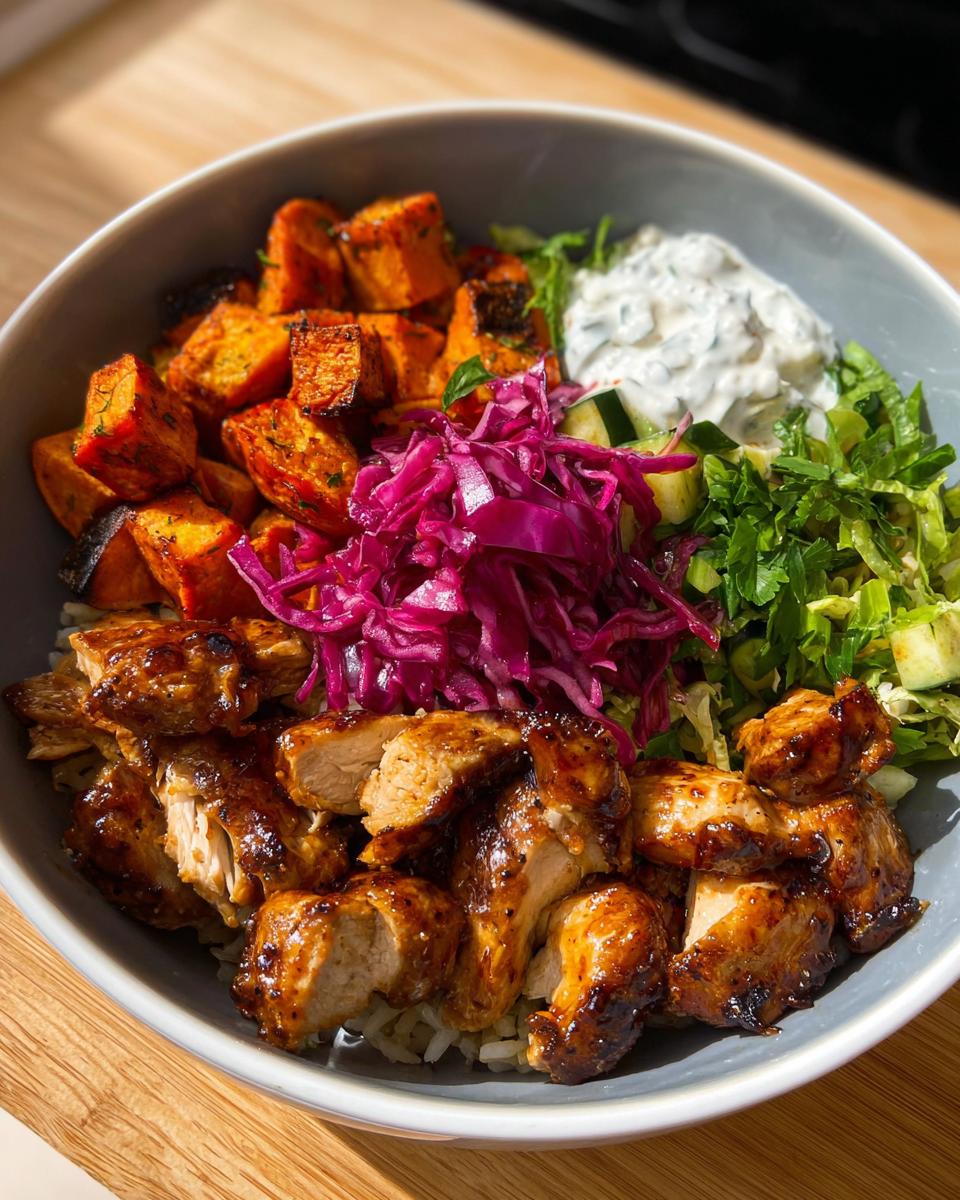 A vibrant Hot Honey Chicken Bowl Recipe featuring glazed chicken, roasted sweet potatoes, red cabbage, and a creamy sauce.