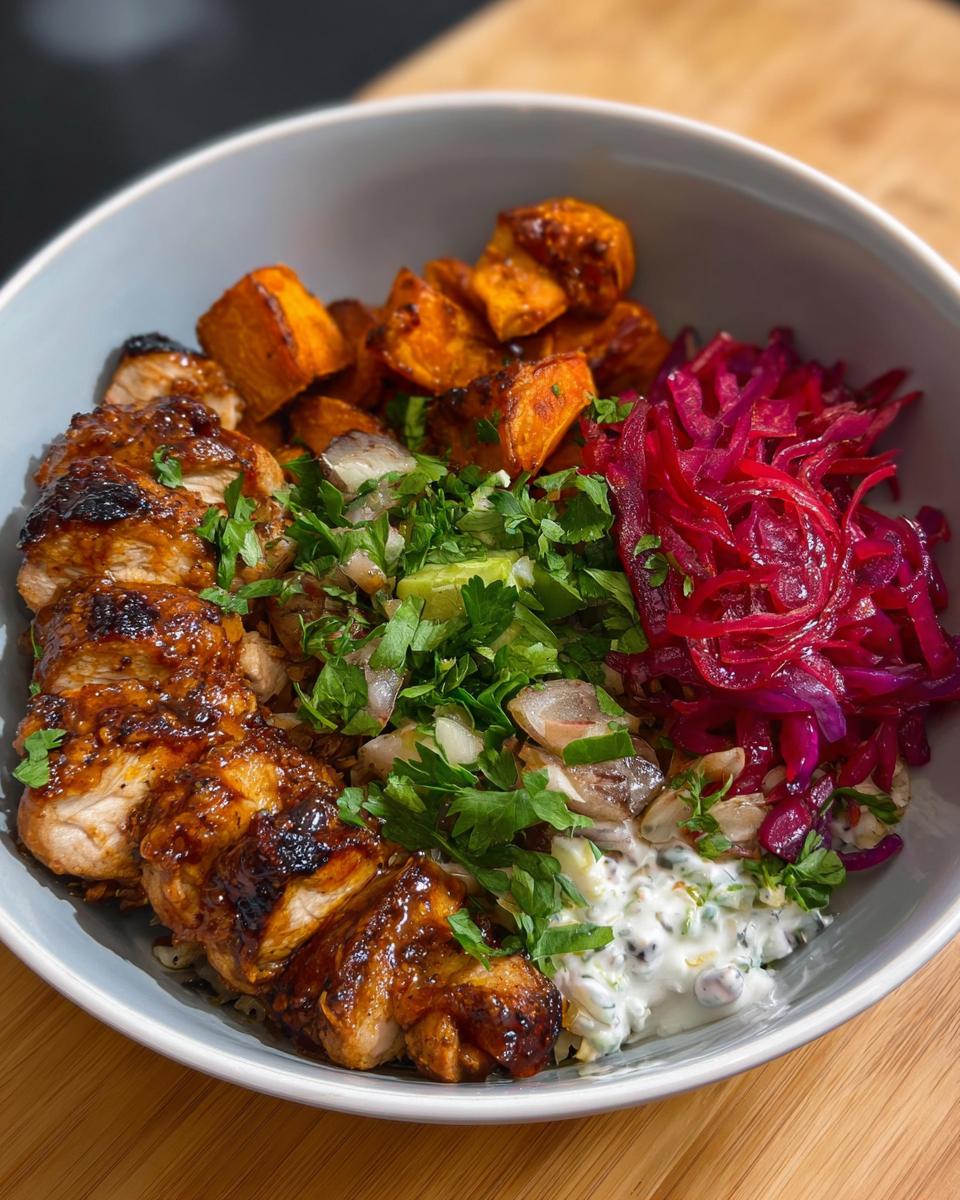 A delicious Hot Honey Chicken Bowl featuring sliced chicken, roasted sweet potatoes, red cabbage slaw, and a creamy sauce.