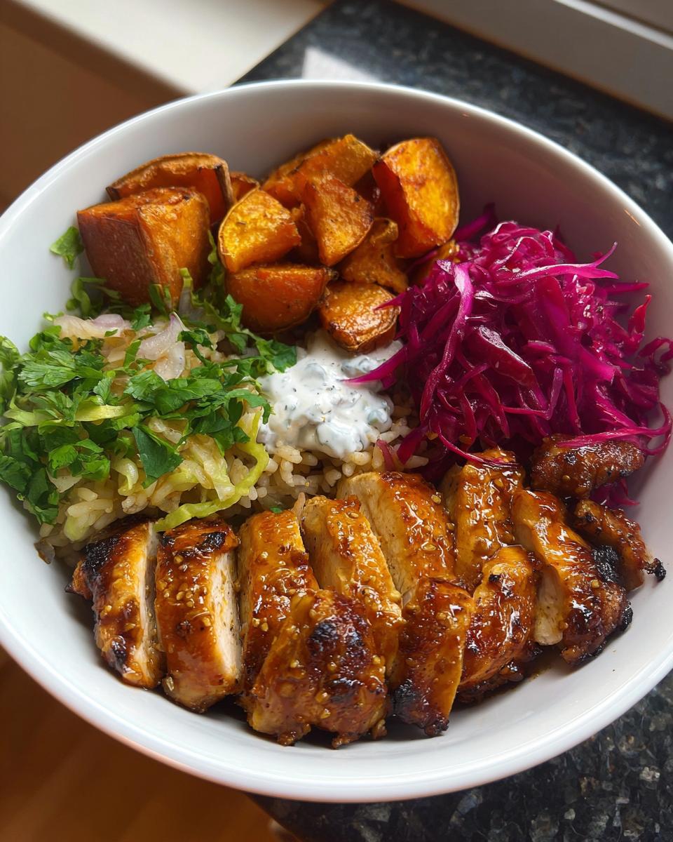 A delicious Hot Honey Chicken Bowl featuring sliced chicken, roasted sweet potatoes, rice, red cabbage, and a creamy sauce.