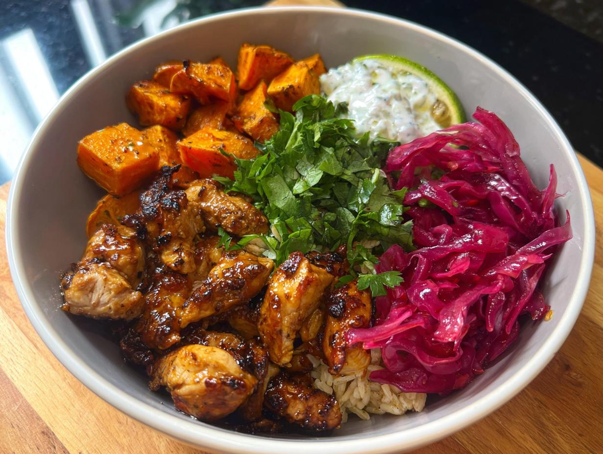 A vibrant Hot Honey Chicken Bowl featuring glazed chicken, roasted sweet potatoes, pickled red cabbage, cilantro, and a dollop of lime crema.